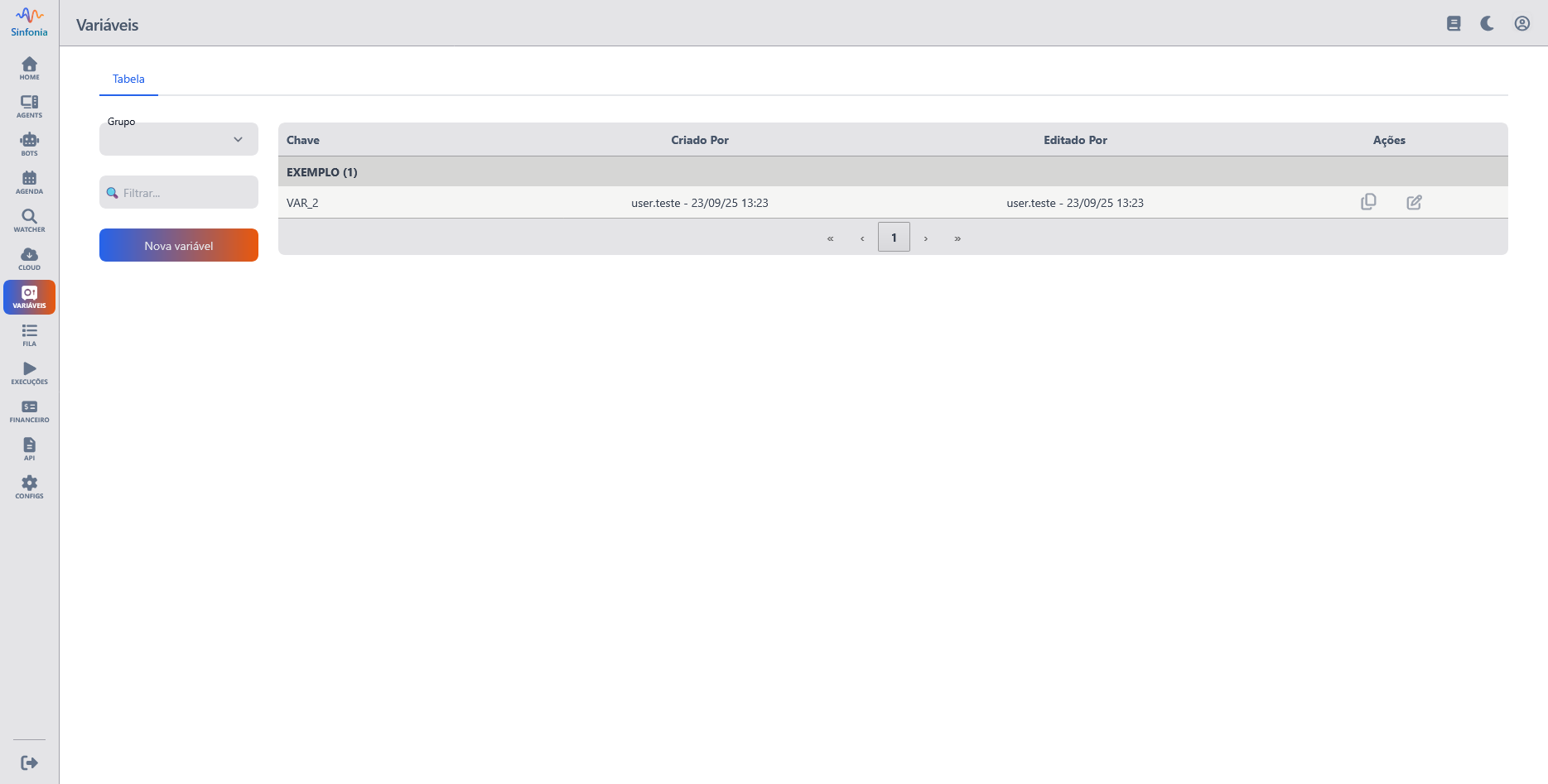 Tela de Variáveis de Ambiente